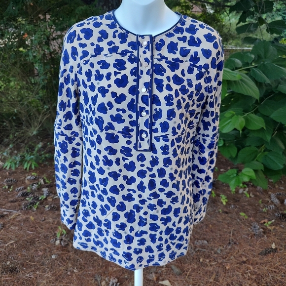Tory Burch Robin Silk Blue Cheetah Print Long Sleeve Tunic Blouse Women's Size 2 - Picture 2 of 14